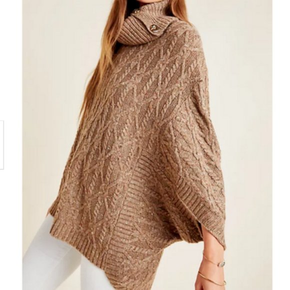 Anthropologie XS NWT Corinne Cable Knit Poncho Sweater Taupe Tan - Picture 1 of 8